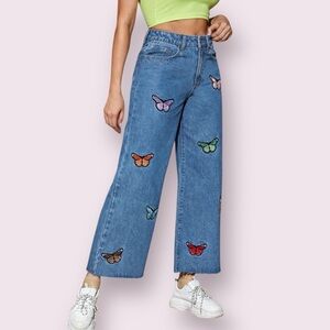 SHEIN High Waisted Butterfly Embroidery Wide Leg Jeans